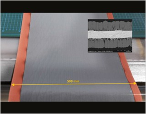 Nodular pure silicon anode on copper foil. The inset shows a scanning electron microscope (SEM) crosssection of the anode.